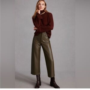 Anthropologie Maeve Colette Cropped Wide Leg Faux Leather Pants olive color